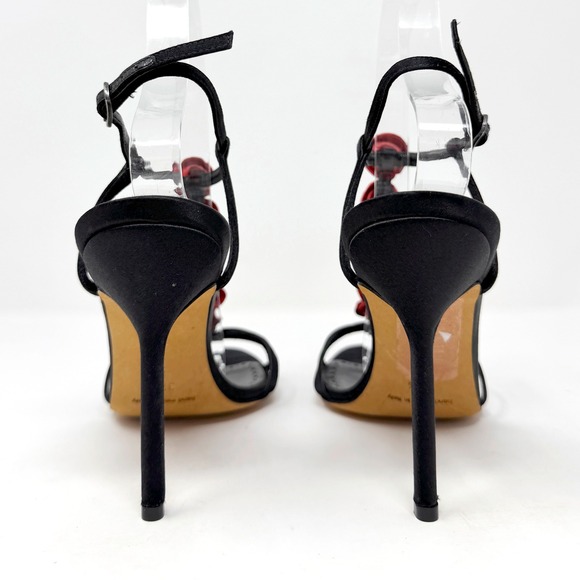 Manolo Blahnik Black Satin Stiletto Sandals Red Rose Embellishment Size 37.5 - Picture 5 of 8